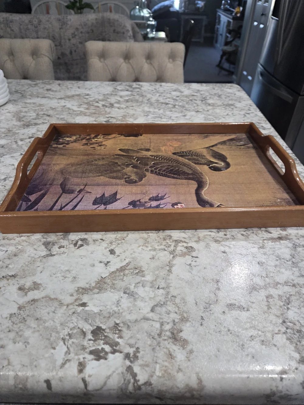 Vintage Style Brown Wood Serving Tray with Duck Illustration MCM